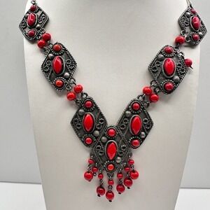 Vintage 90s Silver Tone Red Bead Statement Bib Necklace Boho Ethnic Jewelry